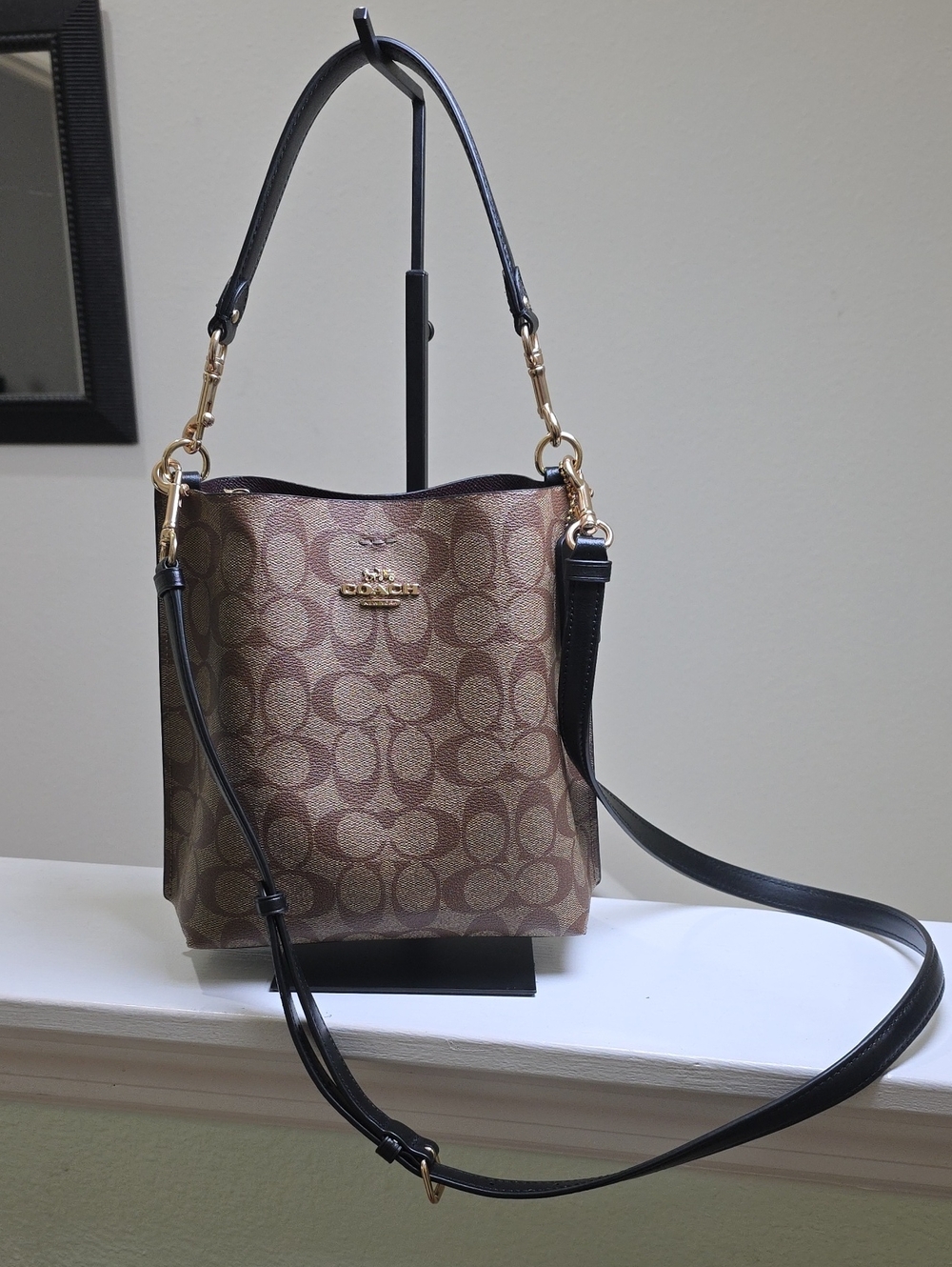 COACH CA582 Mollie Bucket Bag 22 Signature Canvas Khaki/Brown/Gold EUC